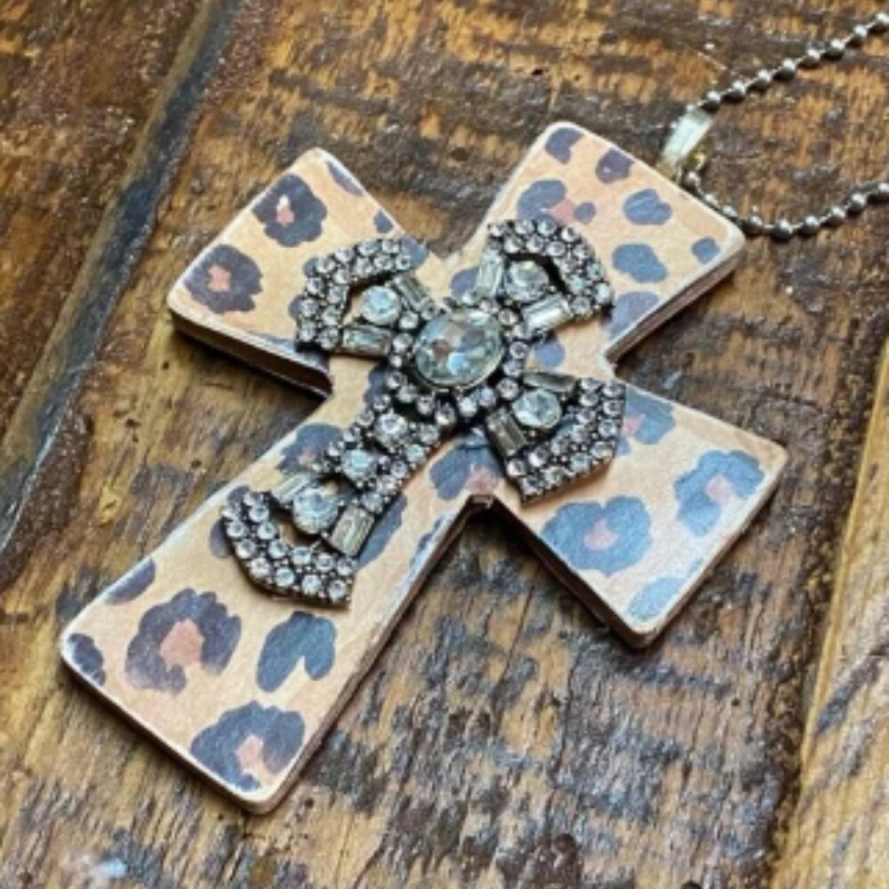 Hand Crafted Large Tan & Black Leopard Print Wooden Cross on Silver Metal Chain